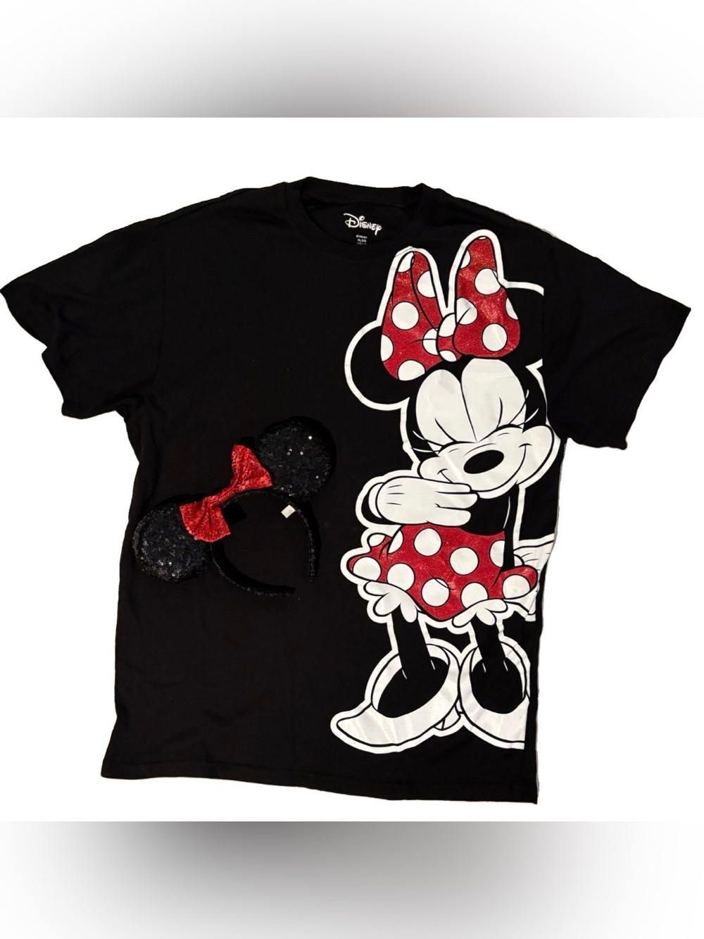 Disney Minnie Mouse Black Graphic Tee Shirt XL & Sequin Ears Headband Bundle EUC
